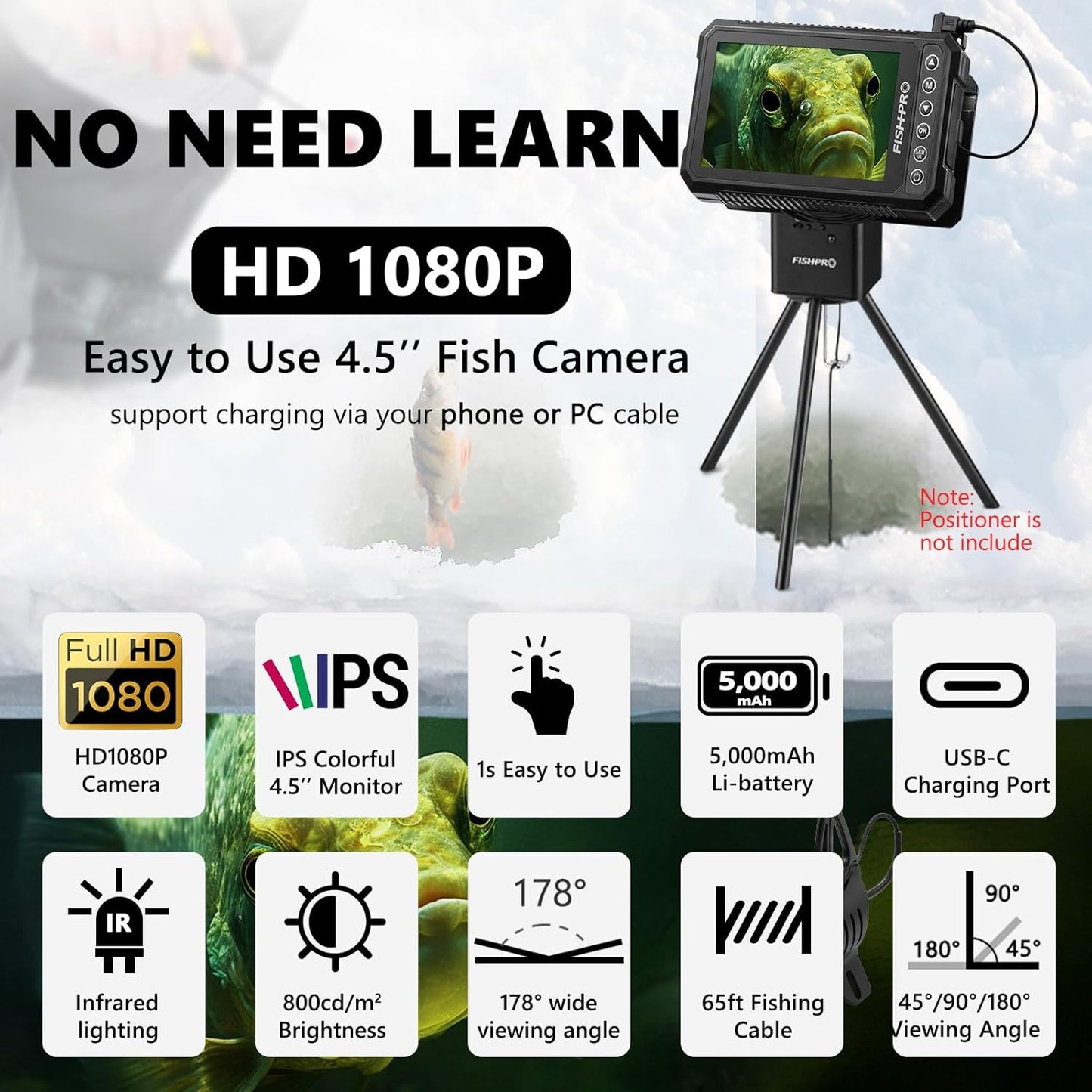 (2024 Upgrade) HD 1080P Underwater Fishing Camera 4.5''-(NO Need Learn) Ice Fishing Camera (Plug & Play) W/ 5,000Mah Li-Battery & USB-C Power, IR&LED for Dark, Fish Finder, 20M/66Ft